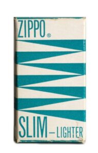 Zippo Slim-Lighter box with teal diagonal geometric pattern and Zippo logo on the front.